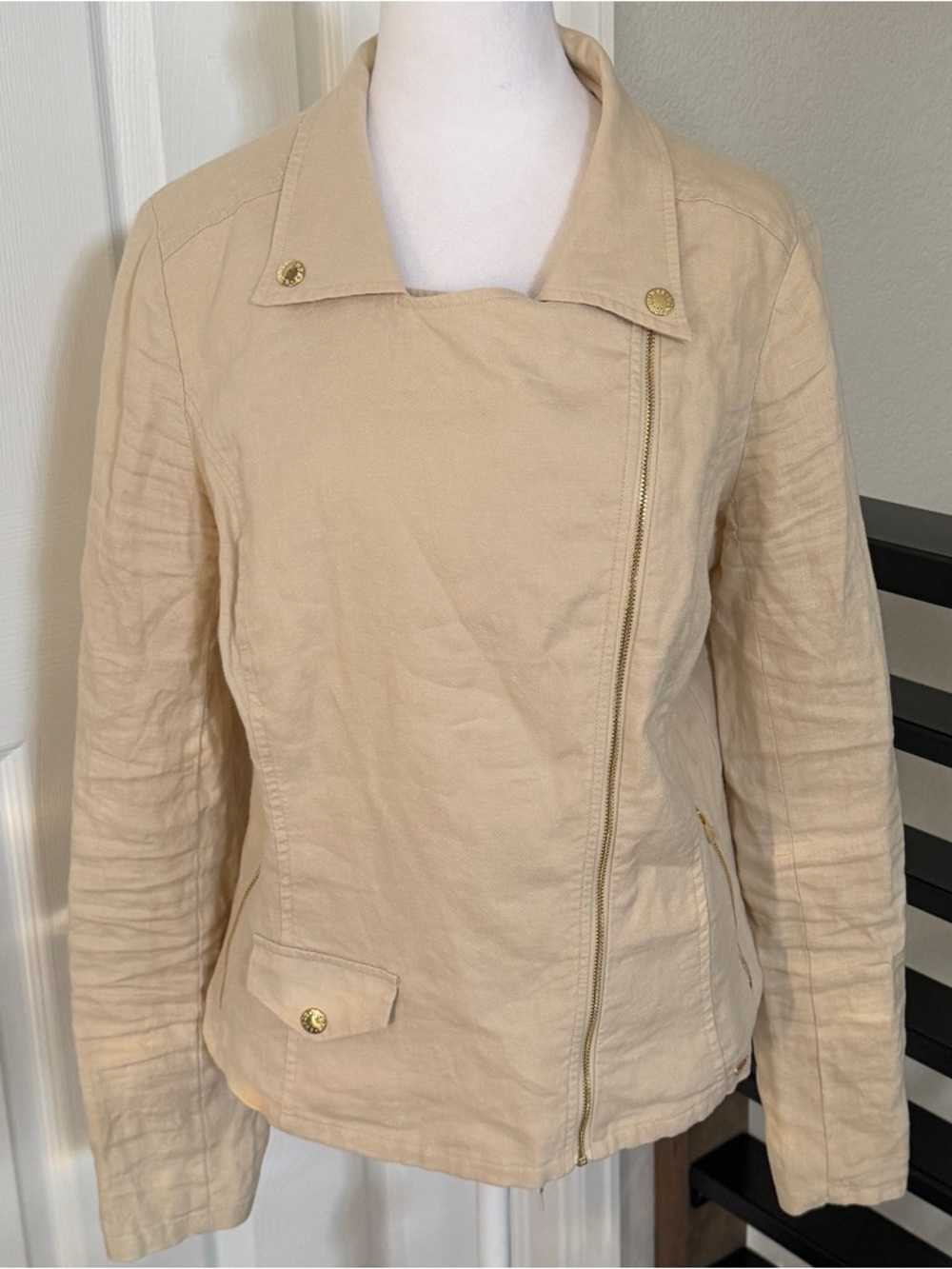 GUESS Womens 100% Linen Moto Biker Full Zip Beige Jacket Size L Gold Zip Utility - Picture 2 of 12